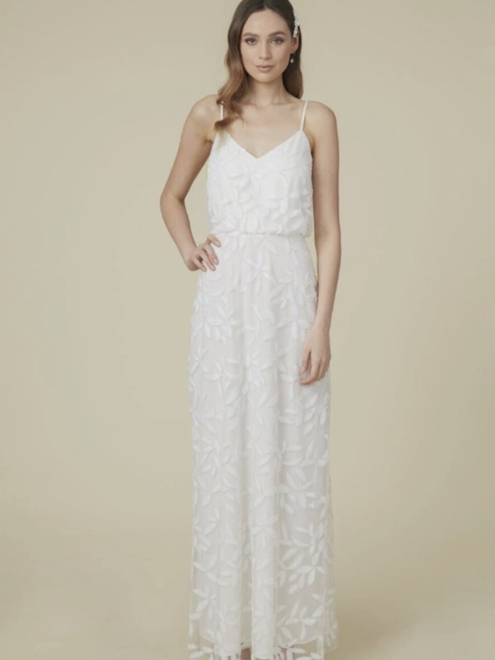 WAYF The Savannah Beaded Embroidered Mesh Gown Evening Dress Ivory Petal Size S